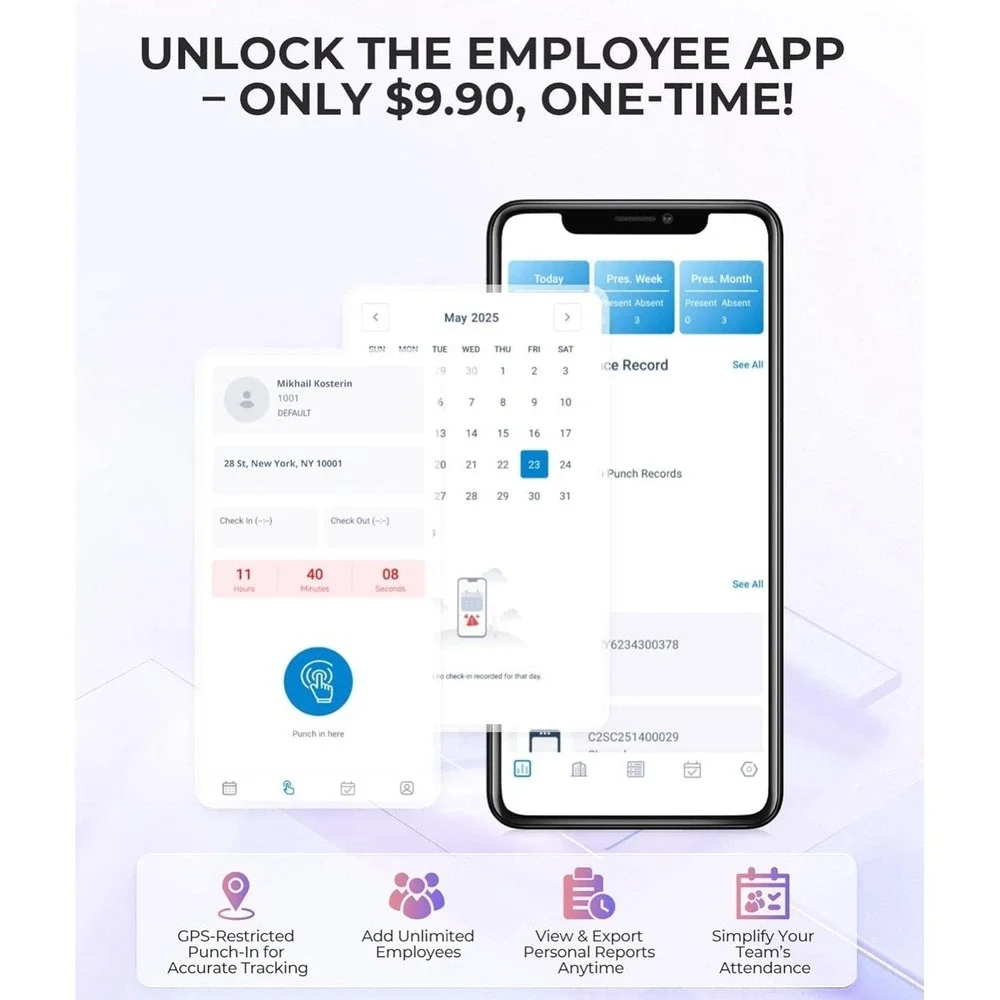Time Clock Cloud-Based with Touch Screen Face/Fingerprint/Card/PIN